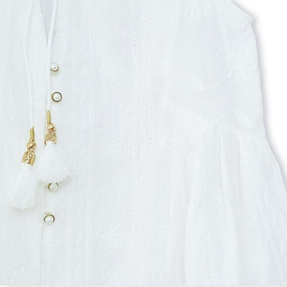 POL Women's Femme Embroidered Eyelet Trim V-neck with Tassel Ties Blouse Tunic - Picture 9 of 12